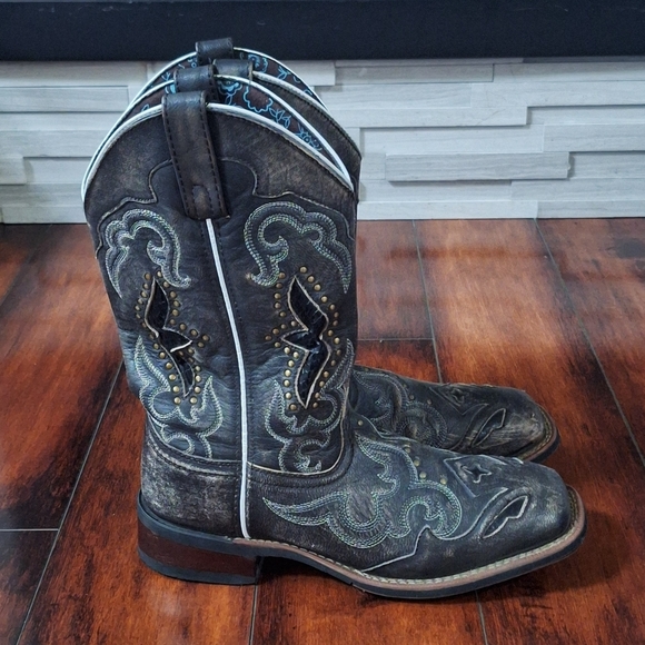 Laredo Spellbound Black Tan Leather Square Toe West Cowgirl Boot Size 9 - Picture 6 of 10